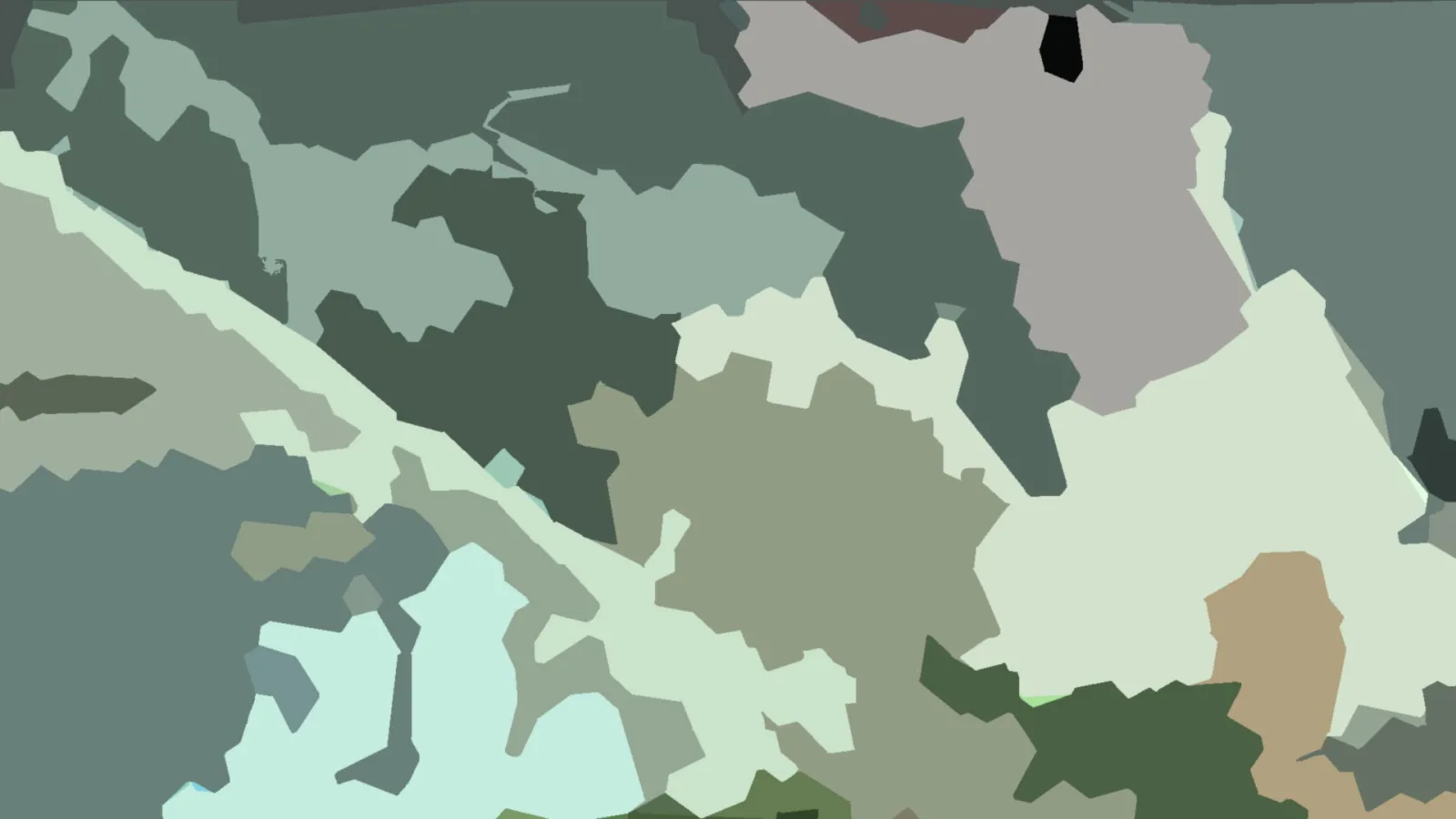 Abstrakte Komposition aus unregelmäßigen, flachen Farbflächen in Salbeigrün, Grau, Beige und Dunkelgrün.