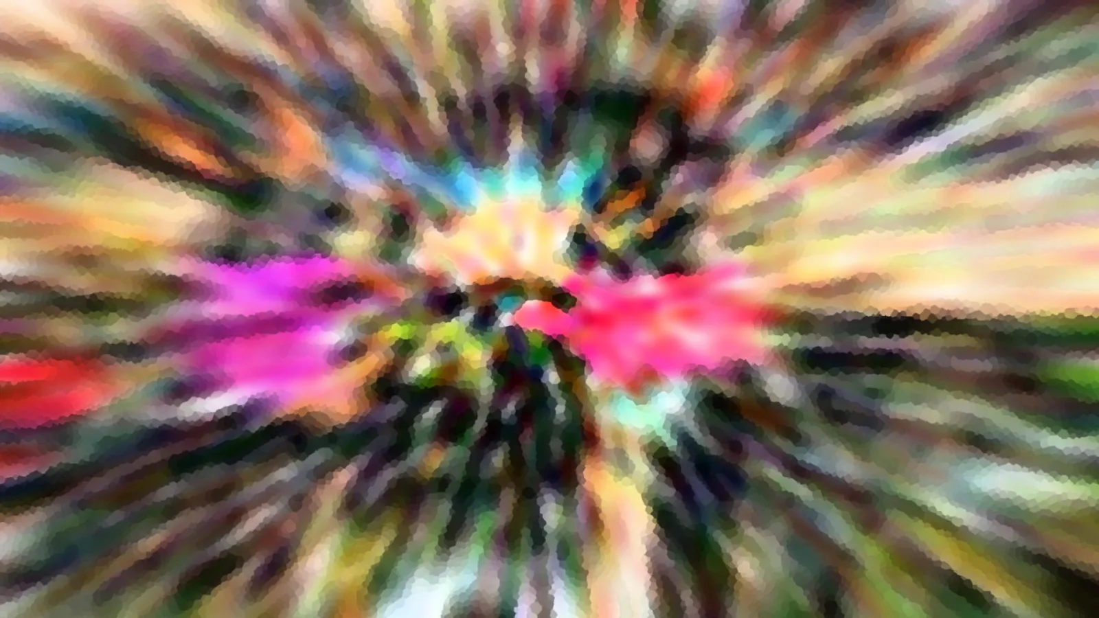 Abstrakte Komposition mit bunten, radial von der Mitte ausstrahlenden Schlieren in Pink, Magenta, Gelb und Grün, mosaikartig verpixelt.