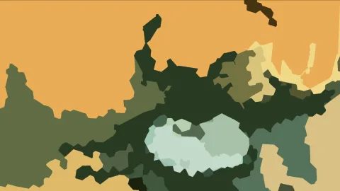 Abstraktes Bild aus flachen, organisch geformten Flächen in Orange, Dunkelgrün, Olivgrün und hellem Mint, mit einer großen hellen Fläche in der Mitte unten.