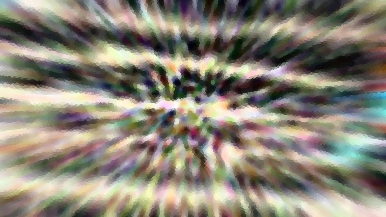Abstraktes Bild mit bunten, mosaikartig verwischten Streifen, die vom Zentrum nach außen strahlen.