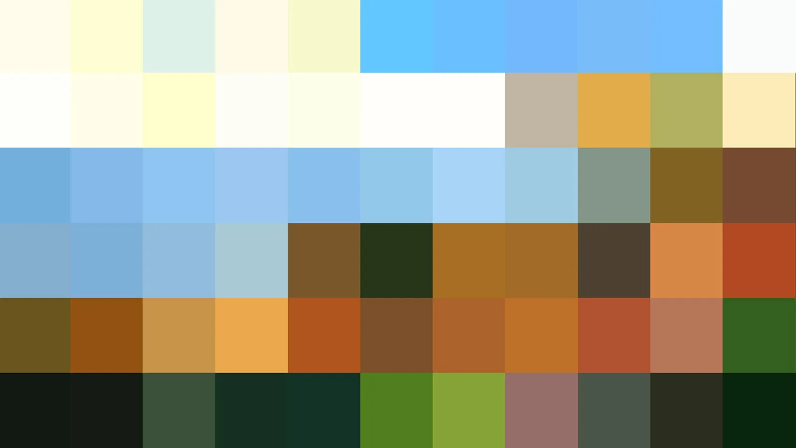 Mosaik aus quadratischen Farbfeldern in Reihen: oben helle Blau- und Cremetöne, darunter Braun, Orange und Grün bis zu Dunkelgrün am unteren Rand.