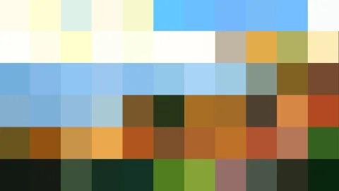 Mosaik aus quadratischen Farbfeldern in Reihen: oben helle Blau- und Cremetöne, darunter Braun, Orange und Grün bis zu Dunkelgrün am unteren Rand.