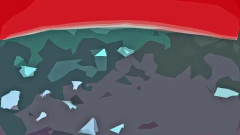 Abstrakte Low-Poly-Fläche mit einer roten Zone oben, petrolfarbenen Flächen in der Mitte und hellen Kristallsplittern auf grauem Grund.