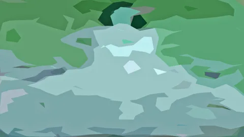 Abstrakte Komposition aus unregelmäßigen grünen, blaugrauen und hellen Polygonflächen, in der Mitte ein heller Block, oben ein dunkelgrüner Fleck.