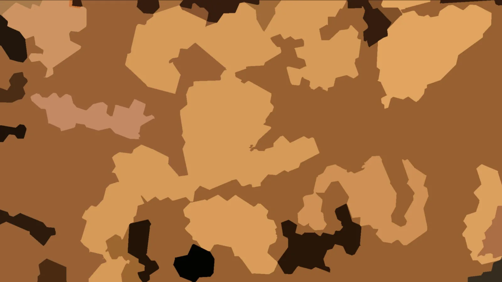 Abstraktes Muster aus unregelmäßigen Flächen in Braun-, Beige- und Orangetönen, mit dunklen Flecken am unteren und linken Rand.