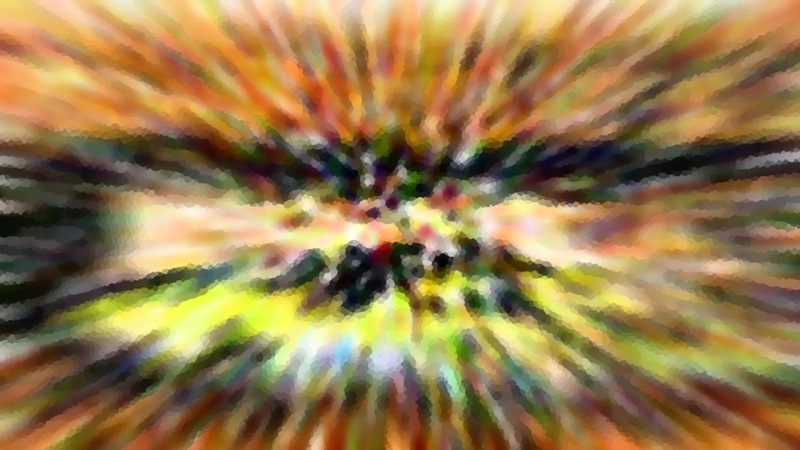 Abstraktes Bild mit radial von der Mitte ausstrahlenden, verwischten Streifen in Orange, Gelb und Grün, im Zentrum dunkle Flecken.