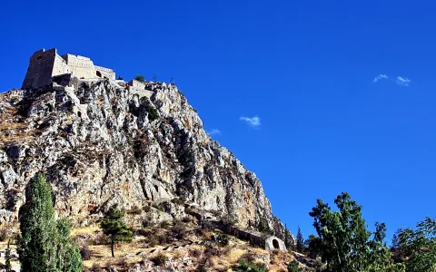 Eine alte Festungsanlage mit Mauern und Türmen thront auf einem steilen, felsigen Berggipfel unter klarem blauem Himmel. Am Hang wachsen Büsche und Bäume, rechts im Bild stehen grüne Bäume.