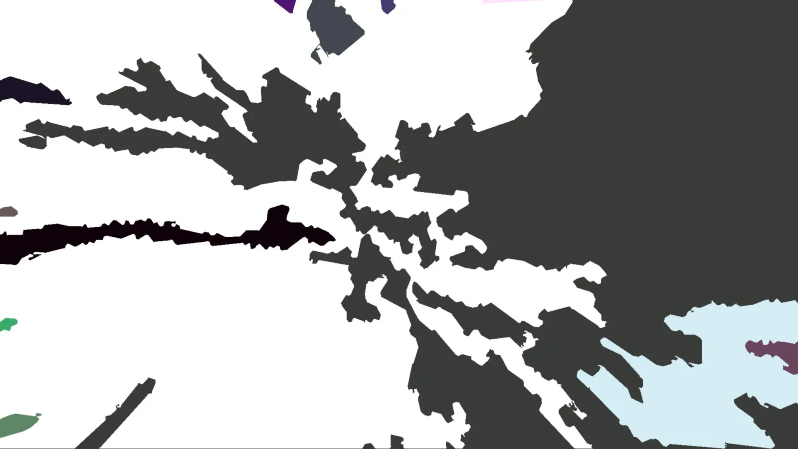 Abstrakte Komposition aus dunkelgrauen, schwarzen und weißen Formen mit hellblauen und violetten Akzenten auf weißem Grund.