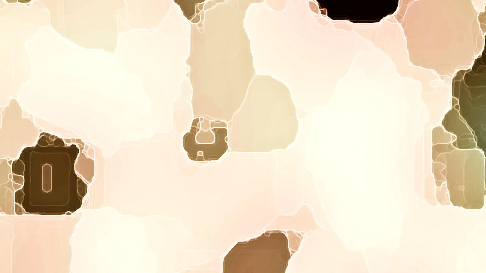 Abstrakte Komposition aus weichen, überlappenden Flächen in Creme, Beige und Dunkelbraun, mit hellen Umrisslinien.