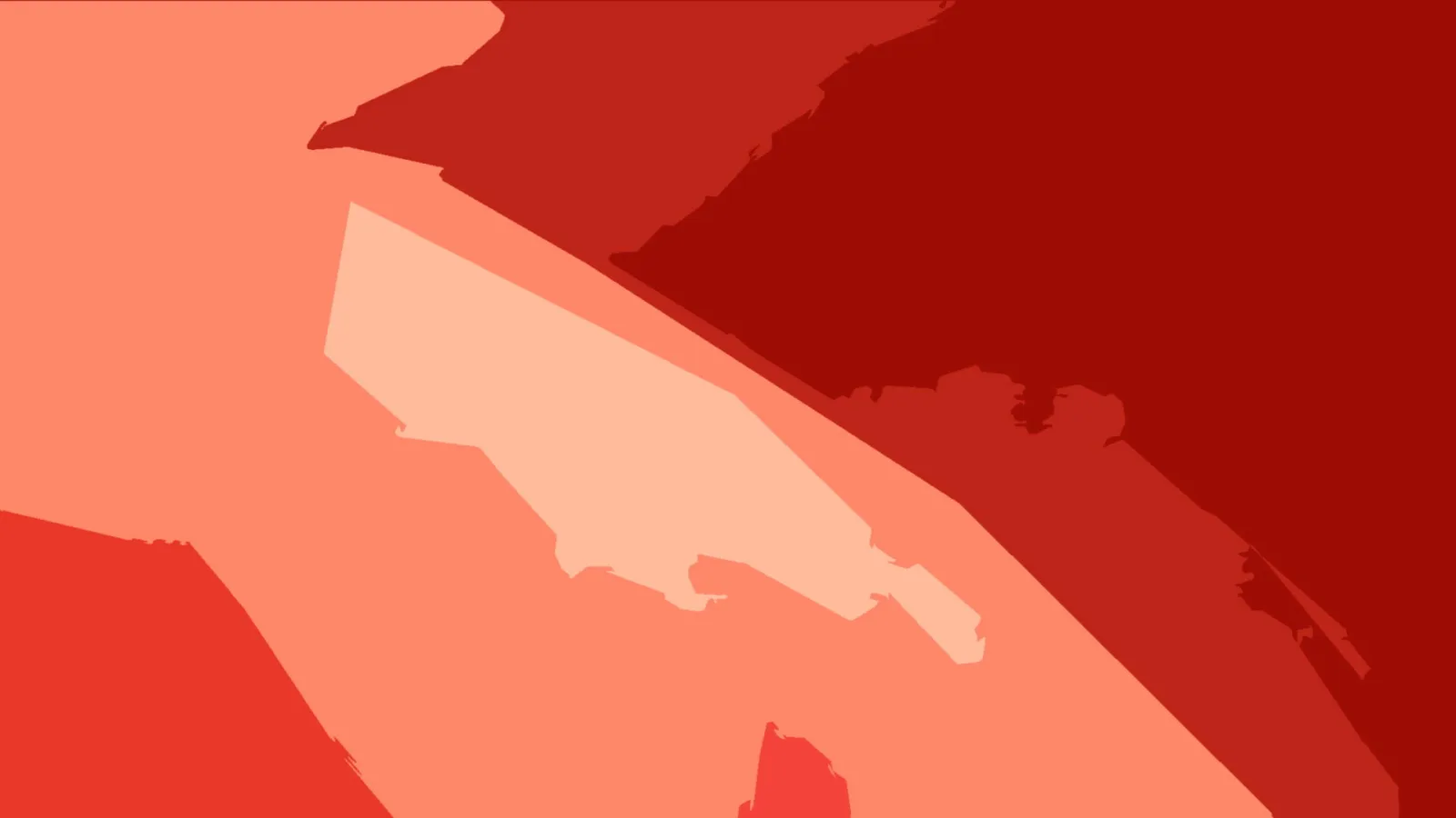 Abstrakte Komposition aus rot und lachsfarben überlappenden Flächen, in der Mitte ein helles, pfirsichfarbenes Keilförmiges Feld mit unregelmäßigem Rand.