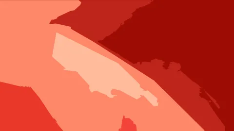 Abstrakte Komposition aus rot und lachsfarben überlappenden Flächen, in der Mitte ein helles, pfirsichfarbenes Keilförmiges Feld mit unregelmäßigem Rand.