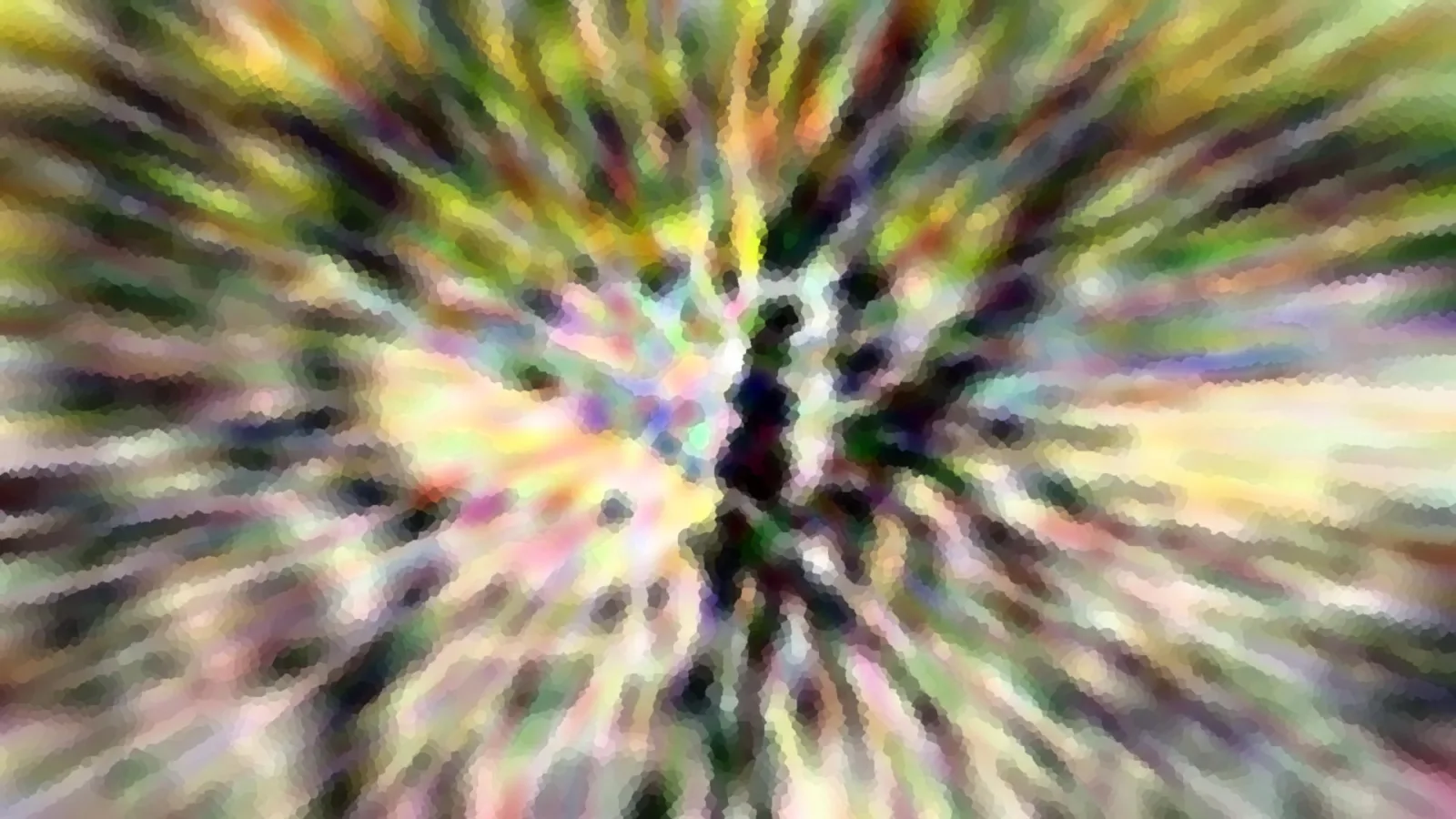 Abstrakte Komposition aus farbigen Schlieren, die von einem dunklen, senkrechten Kern radial nach außen strahlen.