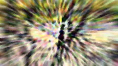 Abstrakte Komposition aus farbigen Schlieren, die von einem dunklen, senkrechten Kern radial nach außen strahlen.