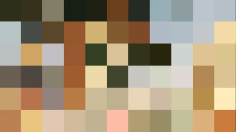 Quadratisches Pixelmosaik aus Erdtönen, Braun, Beige und Grau, mit einzelnen dunkelgrünen und rosafarbenen Feldern.