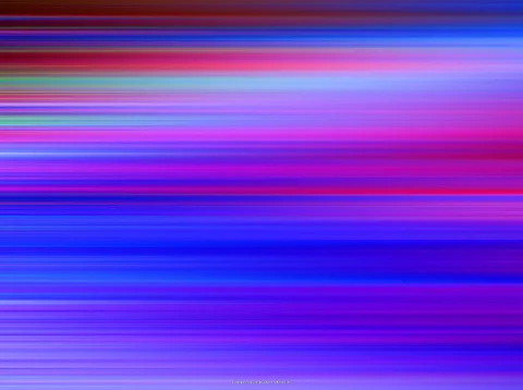 Abstraktes Bild aus horizontalen Streifen in Violett, Magenta, Blau und Rot, dazwischen einzelne türkisfarbene Linien.