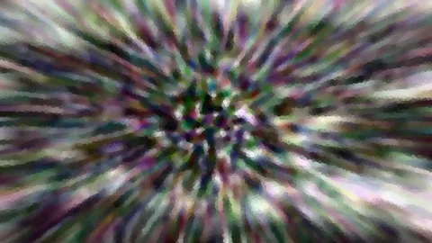 Abstrakte Komposition aus radial von der Mitte nach außen laufenden Farbstreifen in Grün, Violett und Weiß, mit dunklem Zentrum und pixeligem Mosaikeffekt.