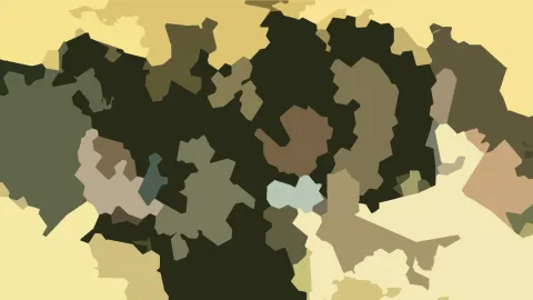 Abstraktes Muster aus unregelmäßigen, ineinander greifenden Flächen in Olivgrün, Dunkelgrün, Khaki, Beige und Hellgelb.