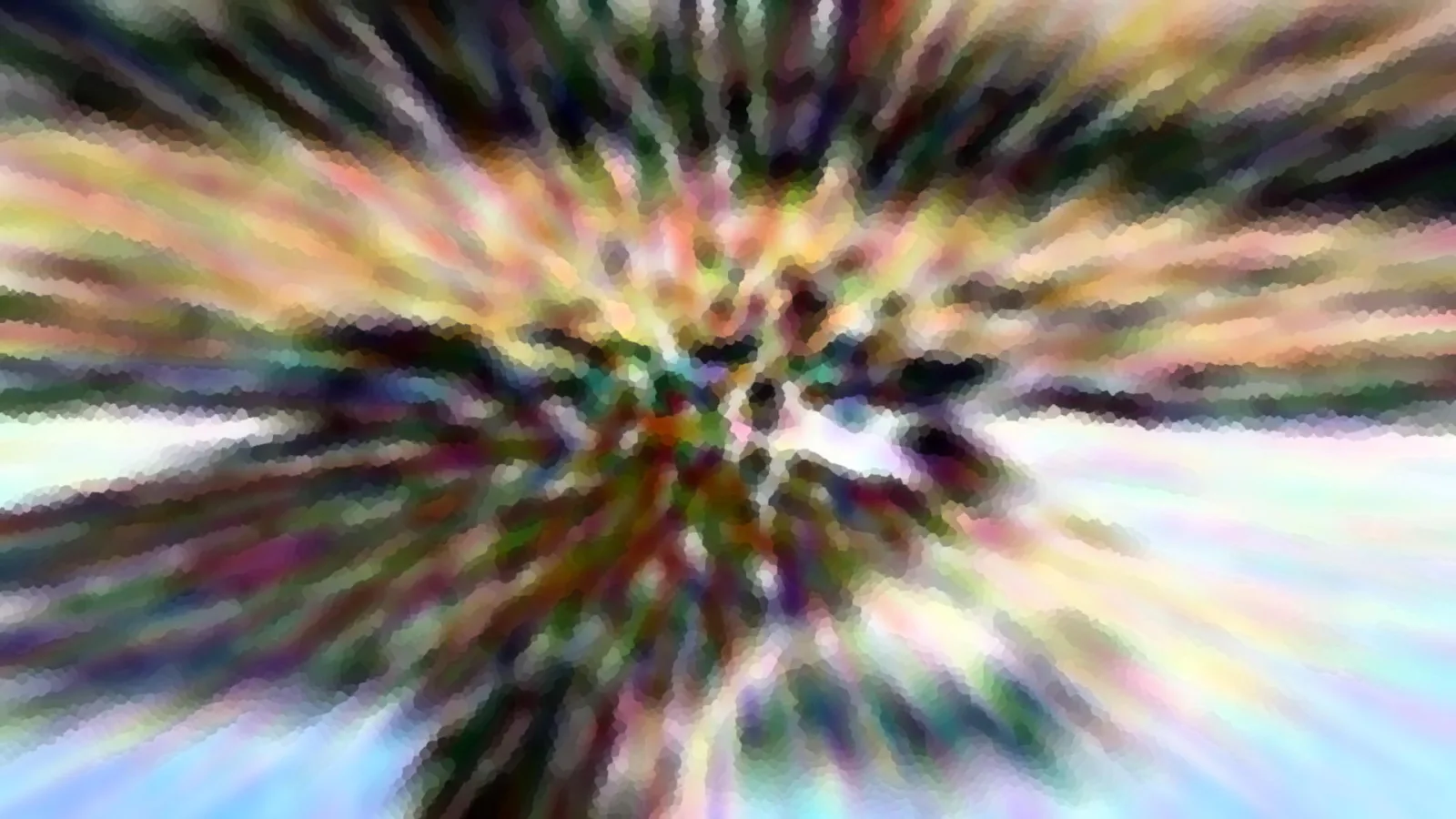 Abstraktes Bild mit radialer Bewegungsunschärfe in Regenbogenfarben, von der Mitte nach außen gestreift und pixelig gerastert.