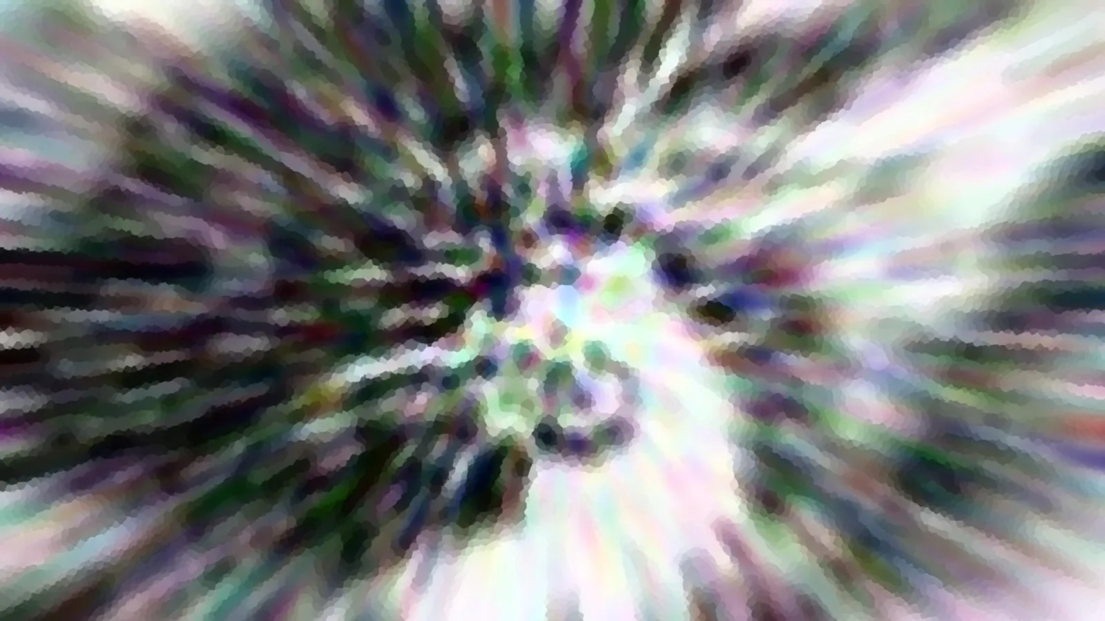 Abstraktes Bild mit radialem Zoomeffekt in Grün, Violett und Weiß, Farbstreifen laufen von der Mitte nach außen.