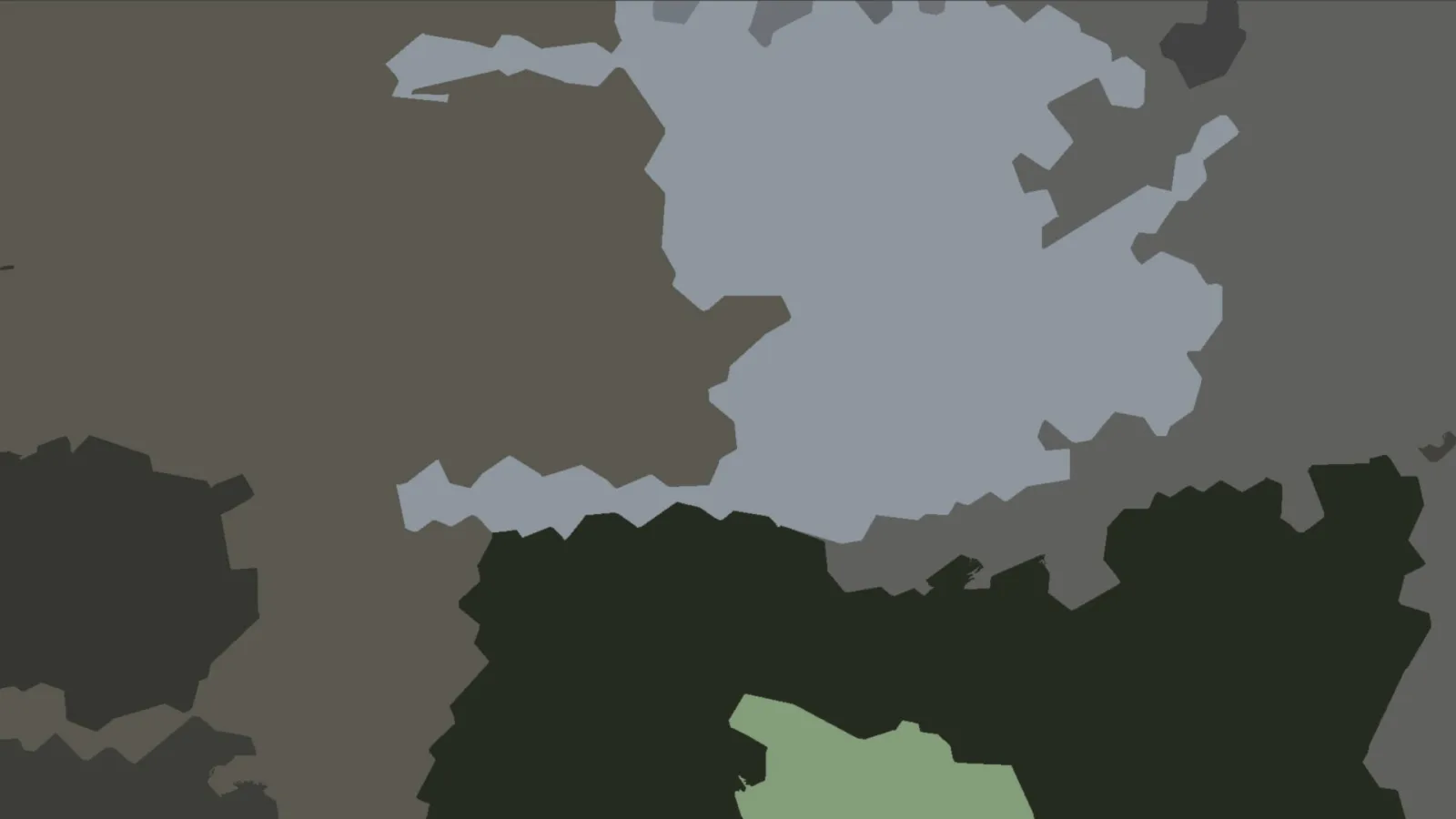 Abstrakte Komposition aus flachen grauen, blaugrauen, dunkelgrünen und hellgrünen Flächen mit gezackten Rändern.
