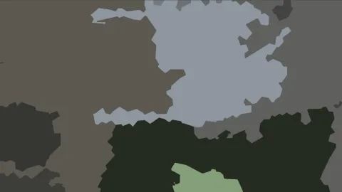 Abstrakte Komposition aus flachen grauen, blaugrauen, dunkelgrünen und hellgrünen Flächen mit gezackten Rändern.