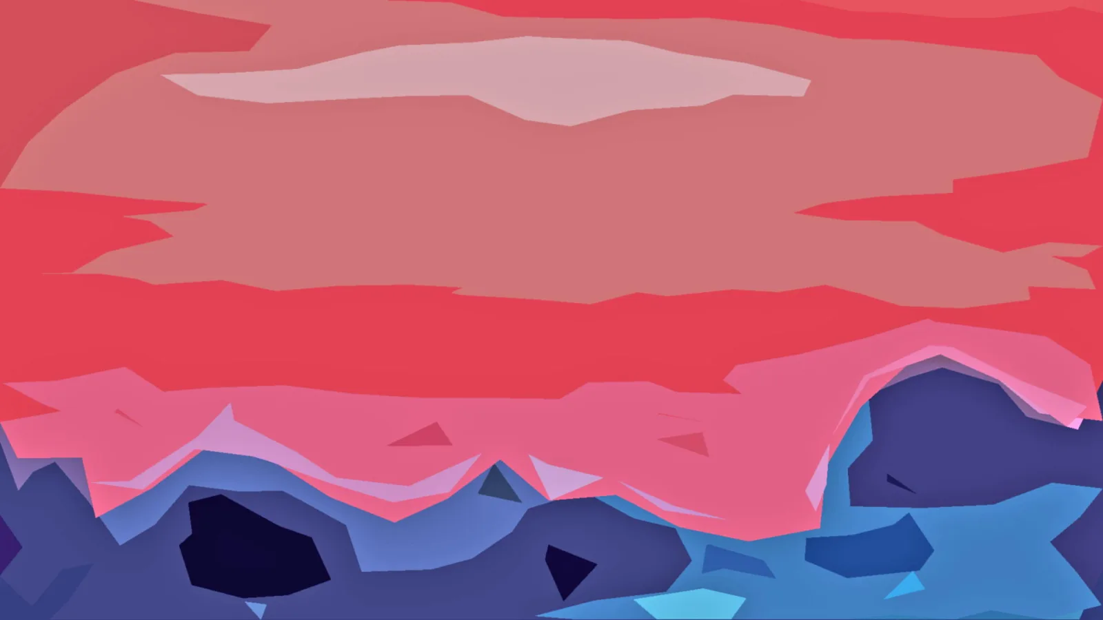 Abstrakte Komposition aus flachen, unregelmäßig geformten Flächen in Rot, Rosa und Blau, oben ein heller Streifen, unten dunkle Blauformen.