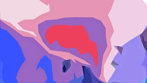 Abstrakte Komposition aus flächigen, kantigen Formen in Rot, Rosa, Violett und Blau, im Zentrum eine rote Fläche.