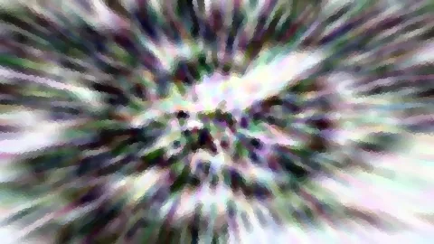 Abstrakte Komposition aus radial von der Mitte nach außen laufenden, verwischten Streifen in Grün, Violett, Weiß und Dunkelgrau, die pixelig und mosaikartig wirkt.