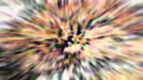 Abstraktes Bild mit radial von der Mitte nach außen verlaufenden Schlieren in Pastellrosa, Orange, Grün und Dunkelblau, die sich zu einem pixeligen Muster auflösen.