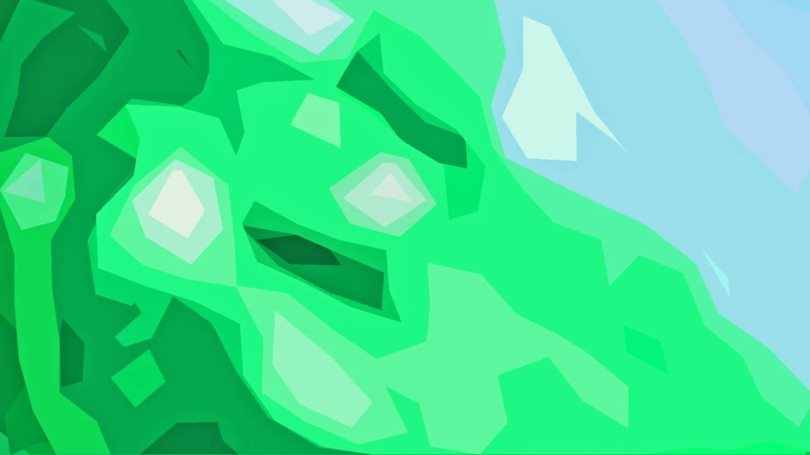 Abstrakte Komposition aus grünen Polygonen mit hellen Flächen, die an ein stilisiertes Gesicht mit zwei Augen und einem Mund erinnert, rechts oben hellblauer Hintergrund.
