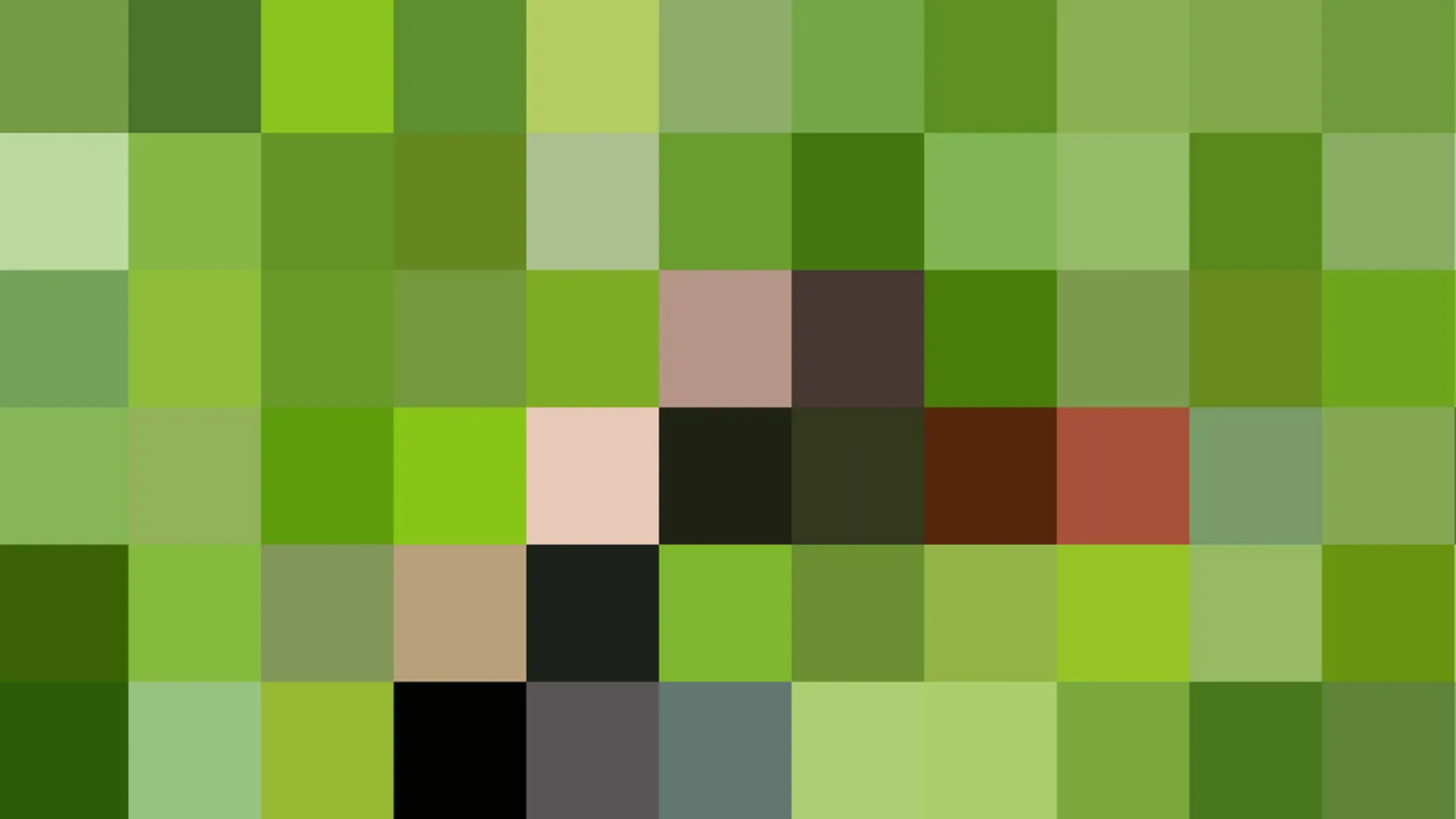 Pixelmosaik aus grünen Blöcken mit einzelnen beigen, braunen, roten und schwarzen Feldern