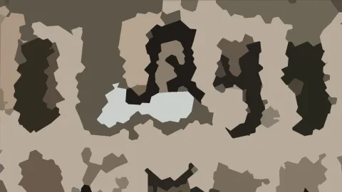Abstrakte Komposition aus unregelmäßigen Flecken in Beige, Braun, Dunkelgrün und hellem Graublau, vertikal angeordnete dunkle Formen auf hellem Grund.