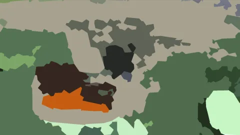Abstraktes Flächenmuster aus beige, grünen, dunkelbraunen, schwarzen und orangefarbenen Formen mit kleinen violetten Akzenten.