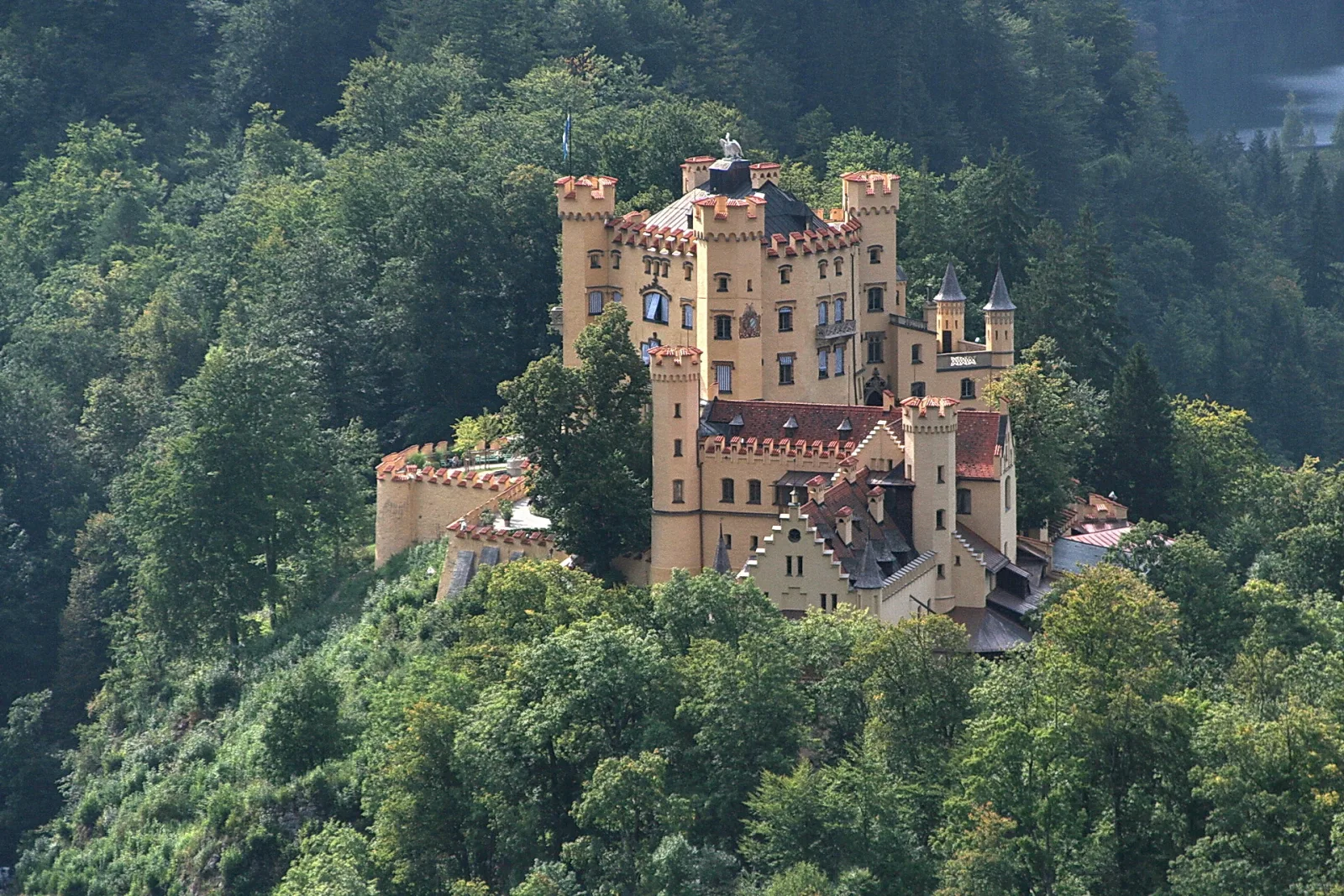 Schloss Hohenschwangau mit gelben Mauern und roten Ziegeldächern auf einem bewaldeten Hügel