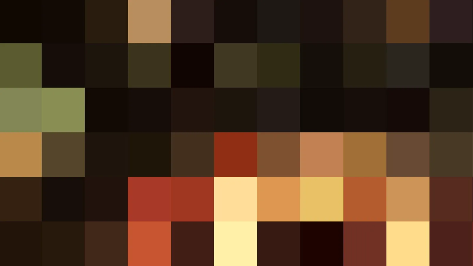 Pixelmosaik aus dunklen Braun-, Oliv- und Orangetönen mit einzelnen hellen Feldern in der unteren Hälfte.