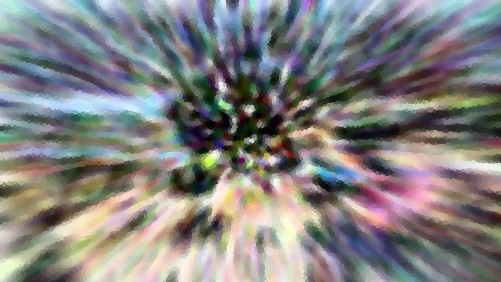 Abstrakte, radial verwischte Farbstruktur mit dunklem grünem Zentrum, violetten, rosa und weißen Streifen und pixeliger Rasterung.