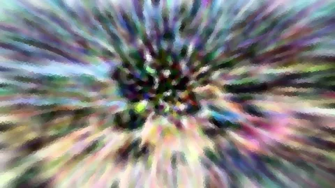 Abstrakte, radial verwischte Farbstruktur mit dunklem grünem Zentrum, violetten, rosa und weißen Streifen und pixeliger Rasterung.