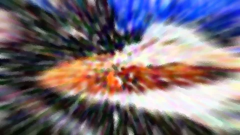 Abstrakte Komposition mit radial von der Mitte ausgehenden Farbstrahlen in Blau, Orange, Grün und Weiß, leicht verpixelt