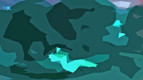 Abstrakte Komposition aus unregelmäßigen türkisfarbenen und dunkelgrünen Flächen, in der Mitte ein leuchtend cyanfarbenes, zackiges Band.