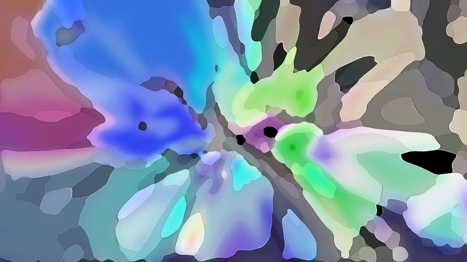 Abstrakte Komposition aus weich verlaufenden Farbflächen in Blau, Grün, Pink und Grau, die vom dunklen Zentrum nach außen strahlen.
