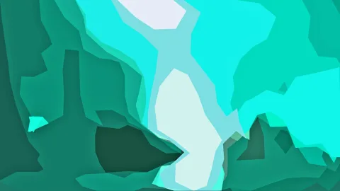 Abstrakte Komposition aus kantigen Flächen in Türkis, Mintgrün und Dunkelgrün mit einem hellen weißen Fleck in der Bildmitte.