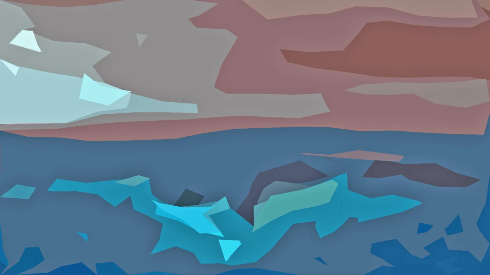 Abstraktes Bild aus flachen, kantigen Flächen: oben graurote Schichten, darunter ein blaues Feld mit türkisfarbenen Formen.