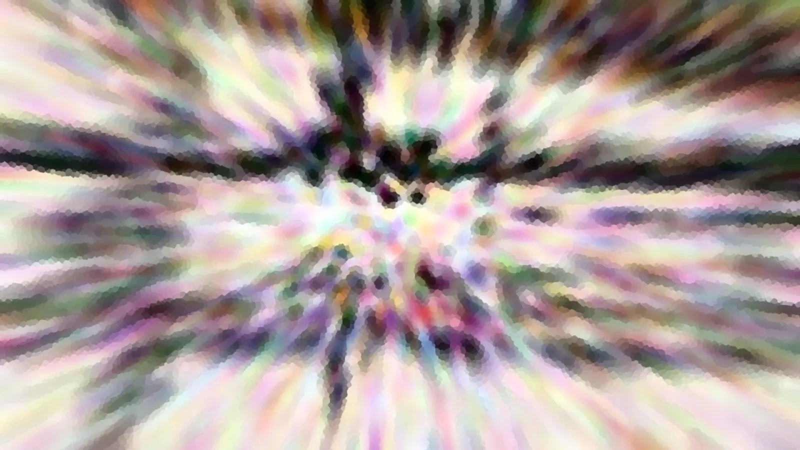 Abstrakte Komposition aus pastellfarbenen Streifen, die radial von einem dunklen Zentrum nach außen laufen und mosaikartig verpixelt wirken.