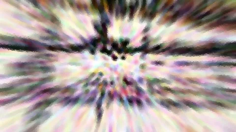 Abstrakte Komposition aus pastellfarbenen Streifen, die radial von einem dunklen Zentrum nach außen laufen und mosaikartig verpixelt wirken.