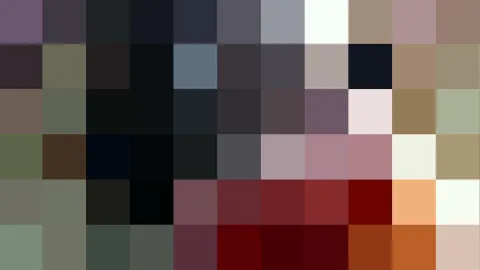 Grob gepixeltes Mosaik aus rechteckigen Farbfeldern in Violett, Grau, Schwarz, Rosa, Rot und Weiß.