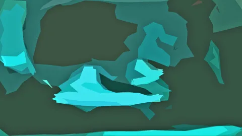 Abstrakte Komposition aus türkisfarbenen und hellcyanen Flächen mit kantigen Rändern auf dunkelgrünem Hintergrund, die hellsten Formen liegen im unteren Mittelteil.