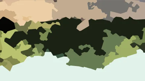 Abstrakte Komposition aus flachen, unregelmäßigen Formen in Beige, Grün, Grau und Schwarz, am unteren Rand ein heller Streifen.