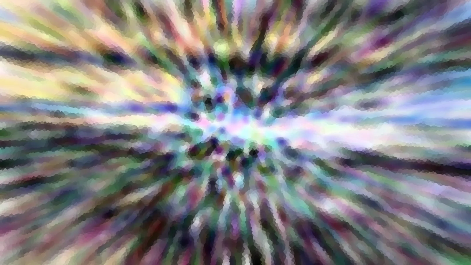 Abstrakte Komposition aus bunten Streifen, die radial von einem hellen Zentrum nach außen laufen, mit mosaikartiger Struktur.