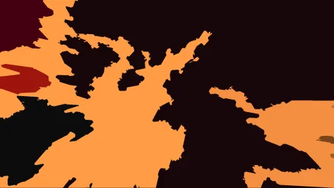 Abstrakte Komposition aus orangefarbenen, schwarzen und dunkelroten organischen Flächen mit einem roten Fleck links.