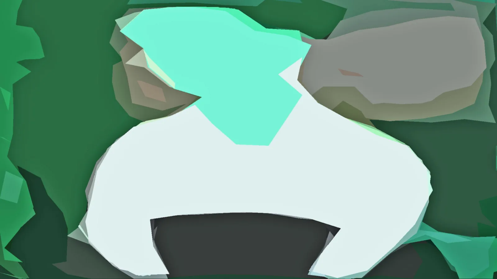 Stilisierte helle Figur aus geometrischen Facetten vor grünem Hintergrund, mit mintfarbenem Schopf und dunklem Sockel unten.